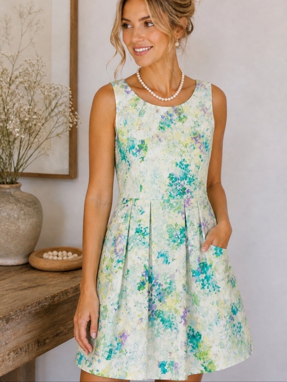 Calvin Klein Pastel Watercolor Floral Dress in Mint, Aqua & Lavender